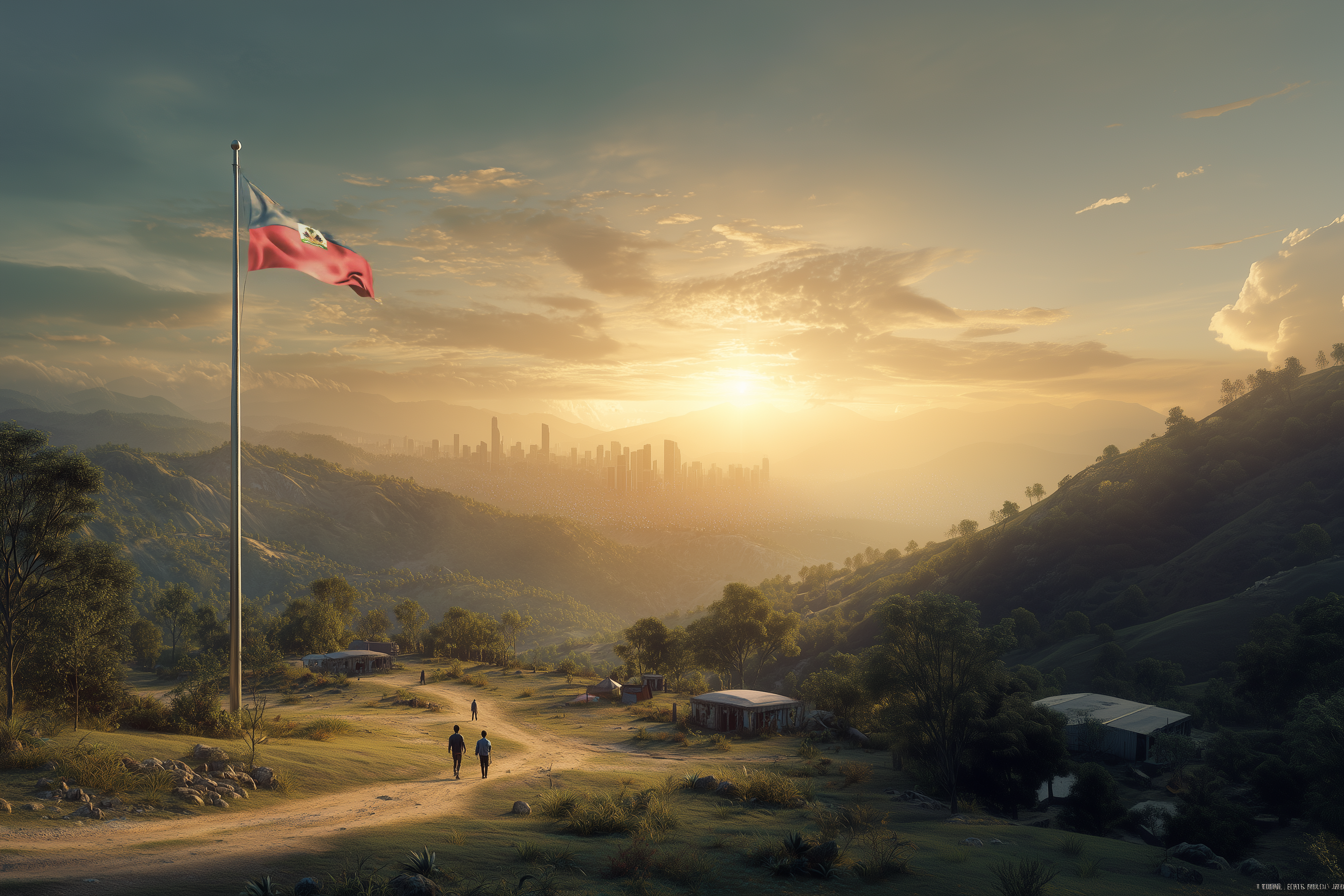 Paysage d'Haïti avec drapeau